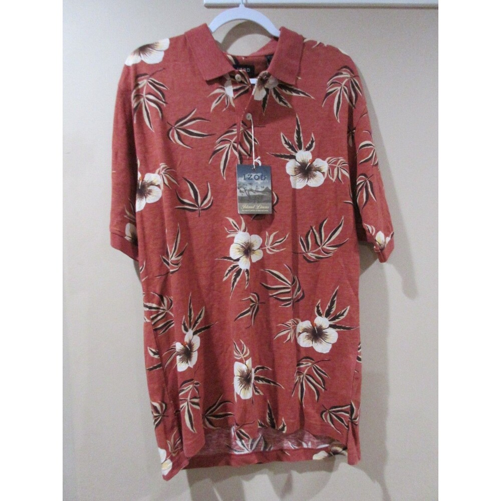 NWT IZOD Polo Shirt Men Med Burnt Orange Tropical Print All Over MSRP 45.00